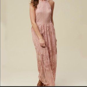 Altar'd State Dusty Rose Pink Embroidered Floral Maxi Halter Neck Dress